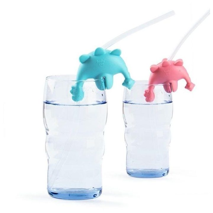 Vaikiškas silikoninių šiaudelių rinkinys su dinozauru Smily Mia, rožinis