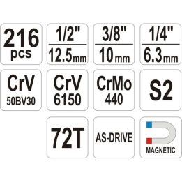 Galvučių ir raktų komplektas YATO YT-38841, 216 dalių