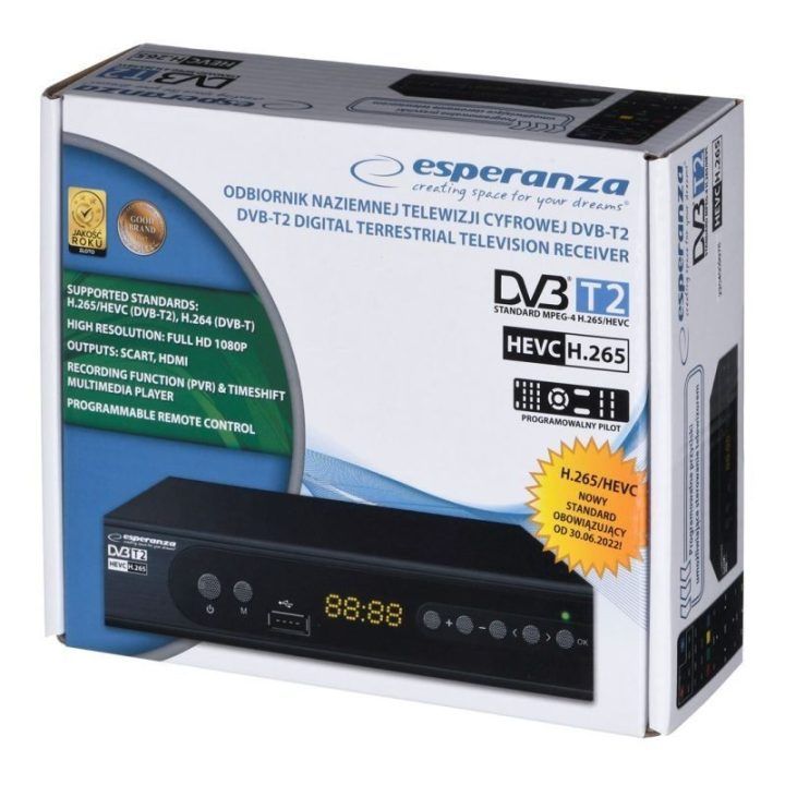 DVB-T2 imtuvas Esperanza EV106P su H.265/HEVC, juodas