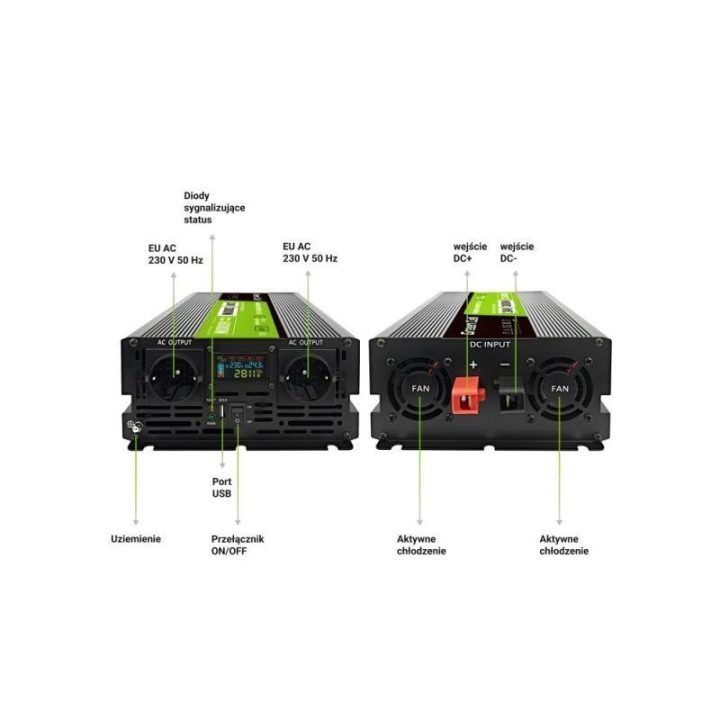 Automobilinis grynos sinusoidės keitiklis Green Cell INVGC24P3000LCD