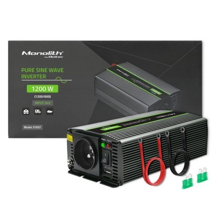 Automobilinis inverteris Qoltec Monolith, 1200 W, juodas