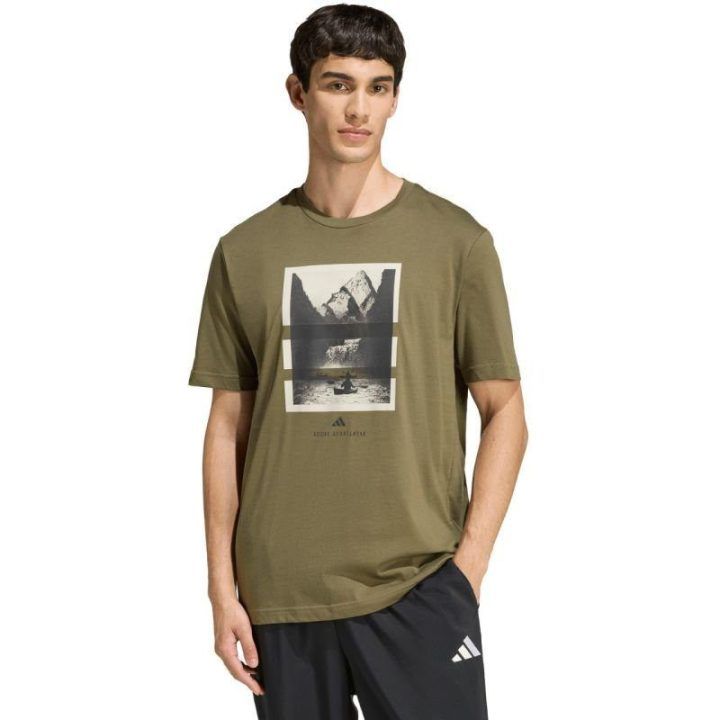 Vyriški marškinėliai su baidarių grafika adidas, alyvuogių