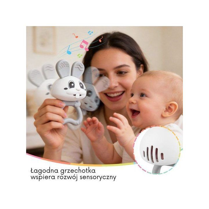 Kramtukas-barškutis 2 viename Mombella Bunny, pilkas