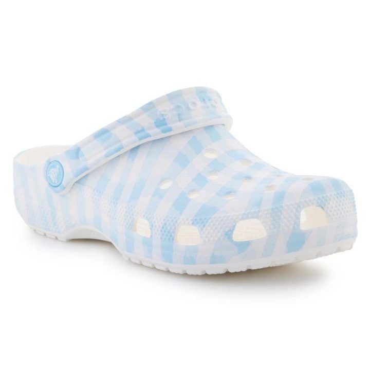 Moteriškos languotos klumpės Crocs Classic Gingham, baltos ir mėlynos