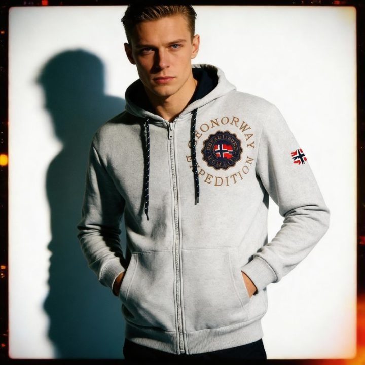 Vyriškas džemperis su gobtuvu Geographical Norway, pilkas melanžas