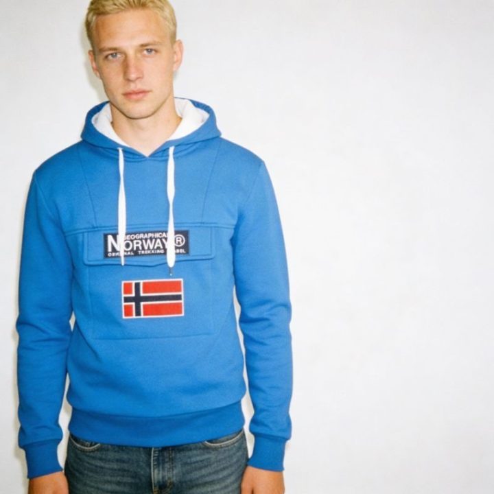 Vyriškas džemperis su gobtuvu Geographical Norway, mėlynas ir baltas