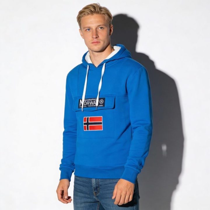 Vyriškas džemperis su gobtuvu Geographical Norway, mėlynas ir baltas