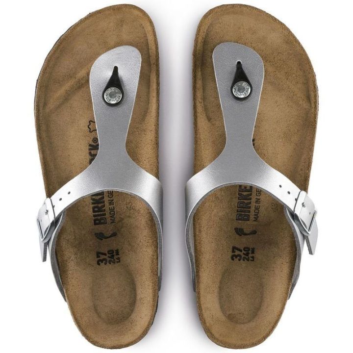 Moteriškos siauros šlepetės per pirštą Birkenstock Gizeh, sidabro