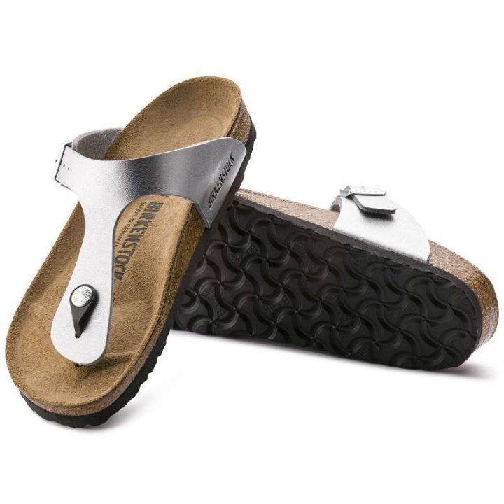 Moteriškos siauros šlepetės per pirštą Birkenstock Gizeh, sidabro