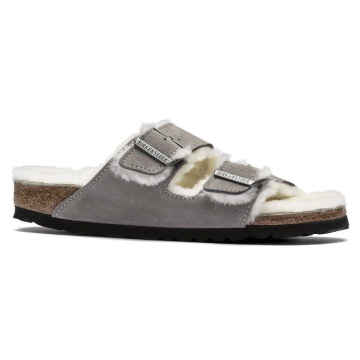 Moteriškos pašiltintos šlepetės Birkenstock Arizona Shearling, akmens pilkos