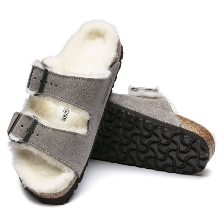 Moteriškos pašiltintos šlepetės Birkenstock Arizona Shearling, akmens pilkos
