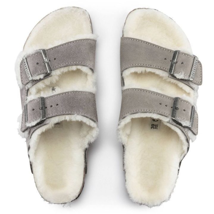 Moteriškos pašiltintos šlepetės Birkenstock Arizona Shearling, akmens pilkos