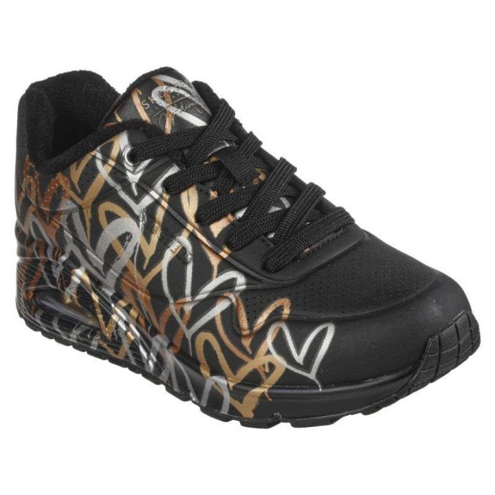 Moteriški sportbačiai su širdelių raštu Skechers Uno, juodi