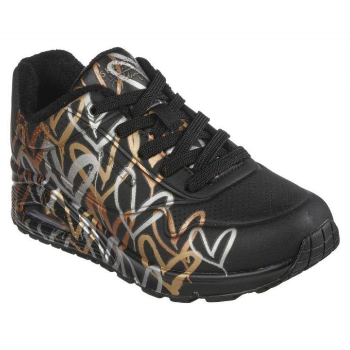 Moteriški sportbačiai su širdelių raštu Skechers Uno, juodi