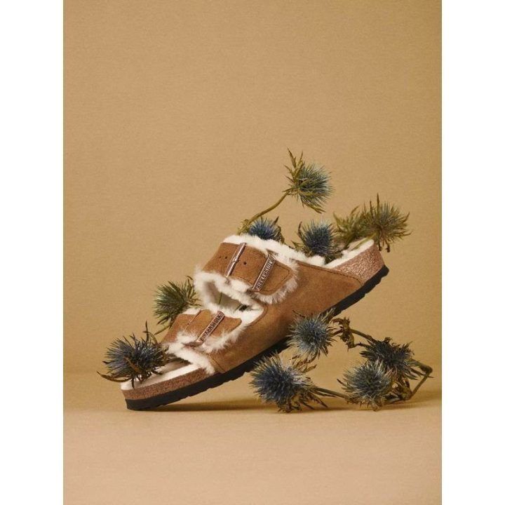 Moteriškos šlepetės Birkenstock Arizona Shearling Mink, rudos ir baltos