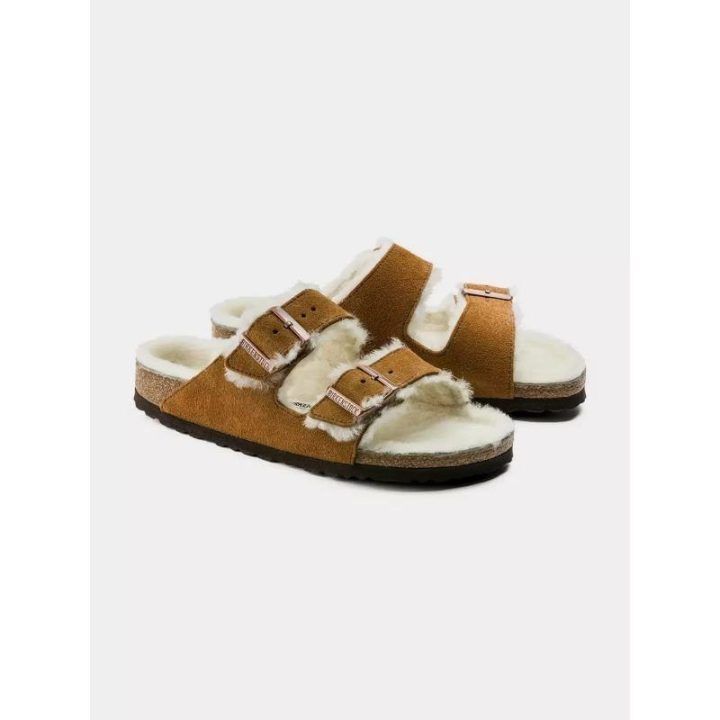 Moteriškos šlepetės Birkenstock Arizona Shearling Mink, rudos ir baltos