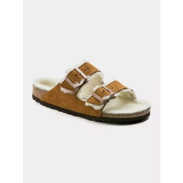 Moteriškos šlepetės Birkenstock Arizona Shearling Mink, rudos ir baltos