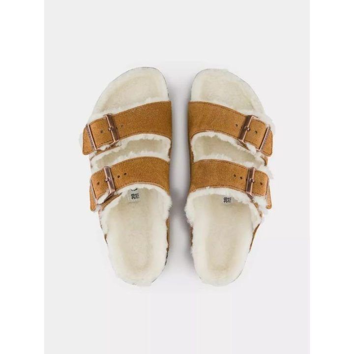Moteriškos šlepetės Birkenstock Arizona Shearling Mink, rudos ir baltos