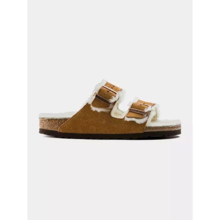 Moteriškos šlepetės Birkenstock Arizona Shearling Mink, rudos ir baltos