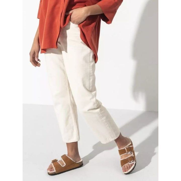 Moteriškos šlepetės Birkenstock Arizona Shearling Mink, rudos ir baltos
