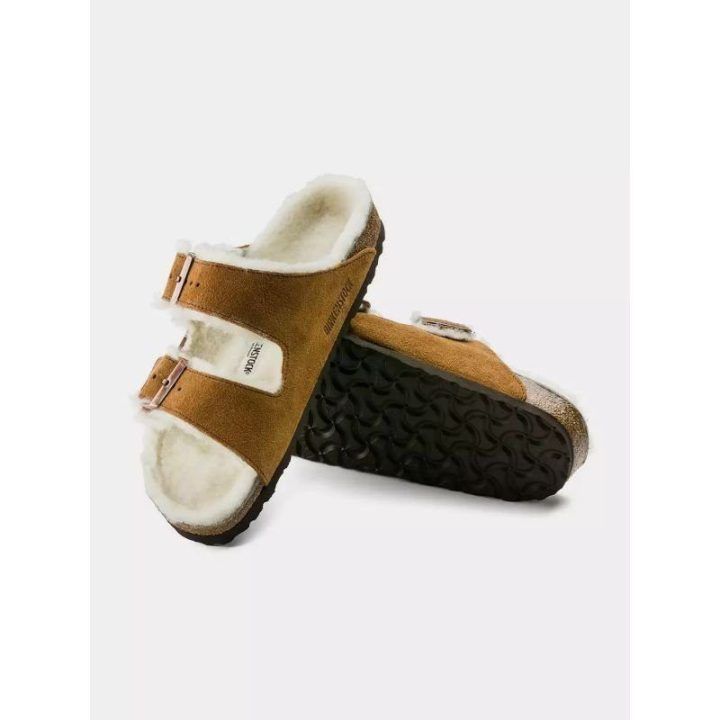 Moteriškos šlepetės Birkenstock Arizona Shearling Mink, rudos ir baltos