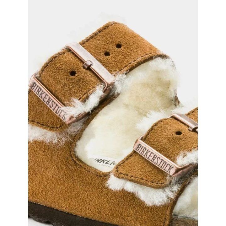 Moteriškos šlepetės Birkenstock Arizona Shearling Mink, rudos ir baltos