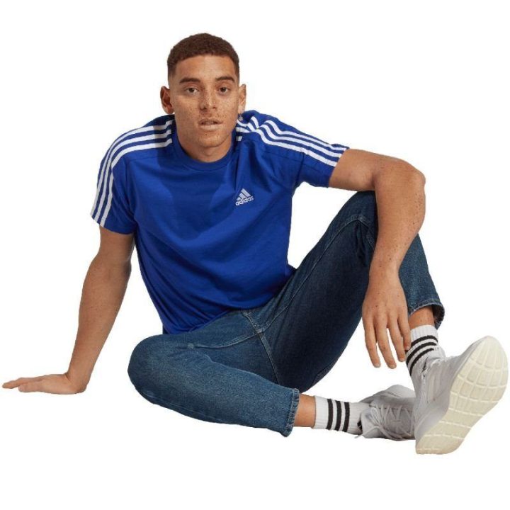 Vyriški medvilniniai marškinėliai adidas Essentials 3-Stripes, mėlyni