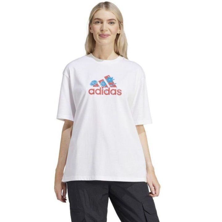 Moteriški medvilniniai marškinėliai su gėlių grafika adidas, balti