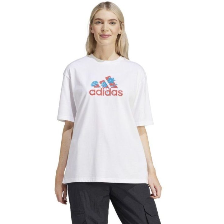 Moteriški medvilniniai marškinėliai su gėlių grafika adidas, balti