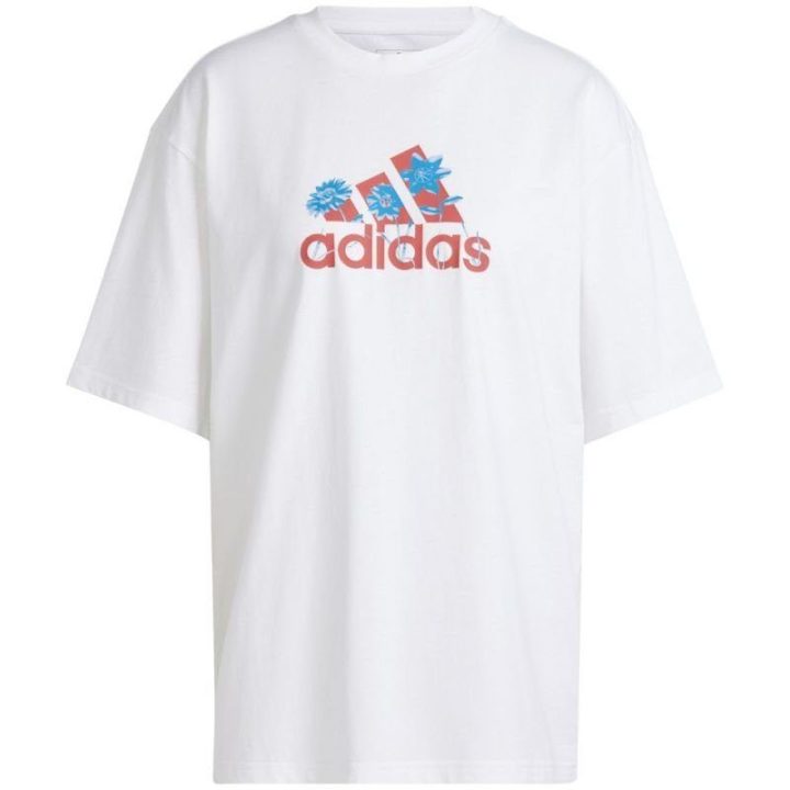Moteriški medvilniniai marškinėliai su gėlių grafika adidas, balti