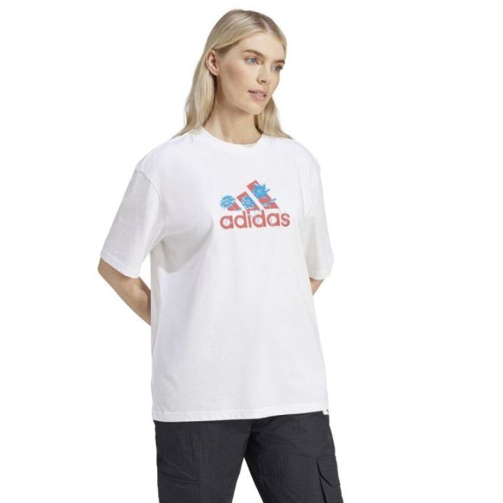 Moteriški medvilniniai marškinėliai su gėlių grafika adidas, balti