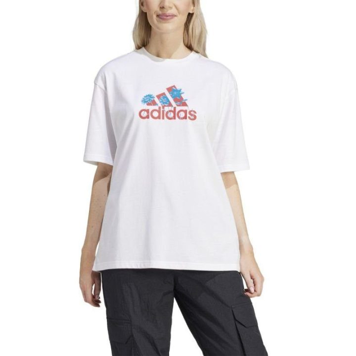 Moteriški medvilniniai marškinėliai su gėlių grafika adidas, balti