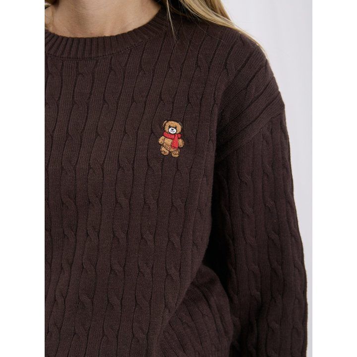 Moteriškas viskozės megztinis su siuvinėtu meškiuku Italy Moda, rudas