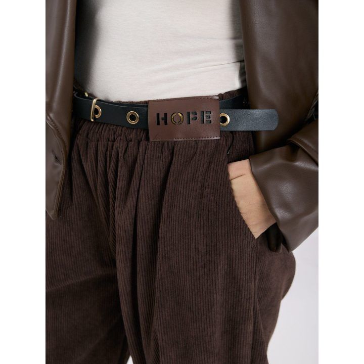 Moteriškos velvetinės kelnės su asimetriška klešne Rue Paris, rudos