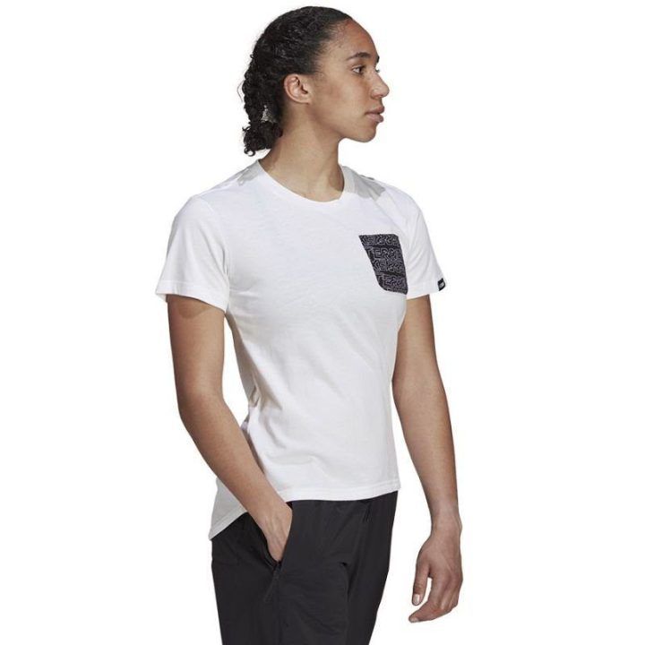 Moteriški įprasto kirpimo marškinėliai adidas TX Pocket, balti