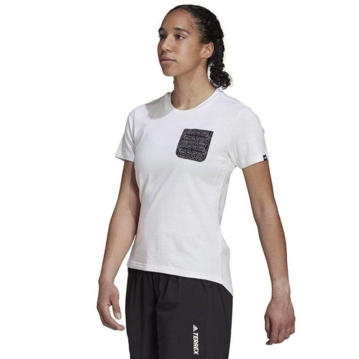 Moteriški įprasto kirpimo marškinėliai adidas TX Pocket, balti