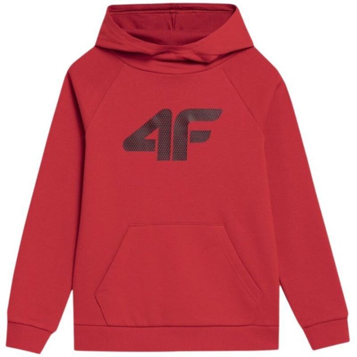 Medvilninis džemperis berniukams su gobtuvu 4F, raudonas