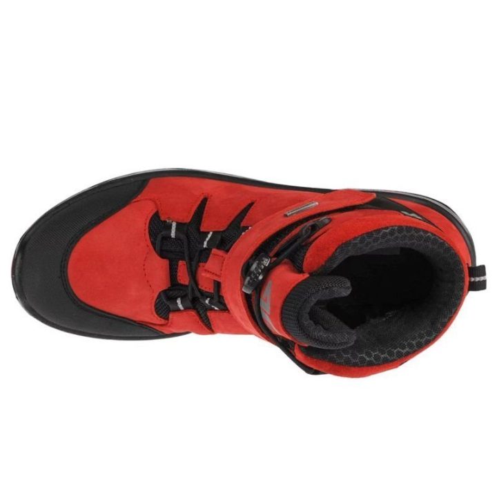 Aukšti žygio batai berniukams su lipukais 4F Trek, raudoni ir juodi