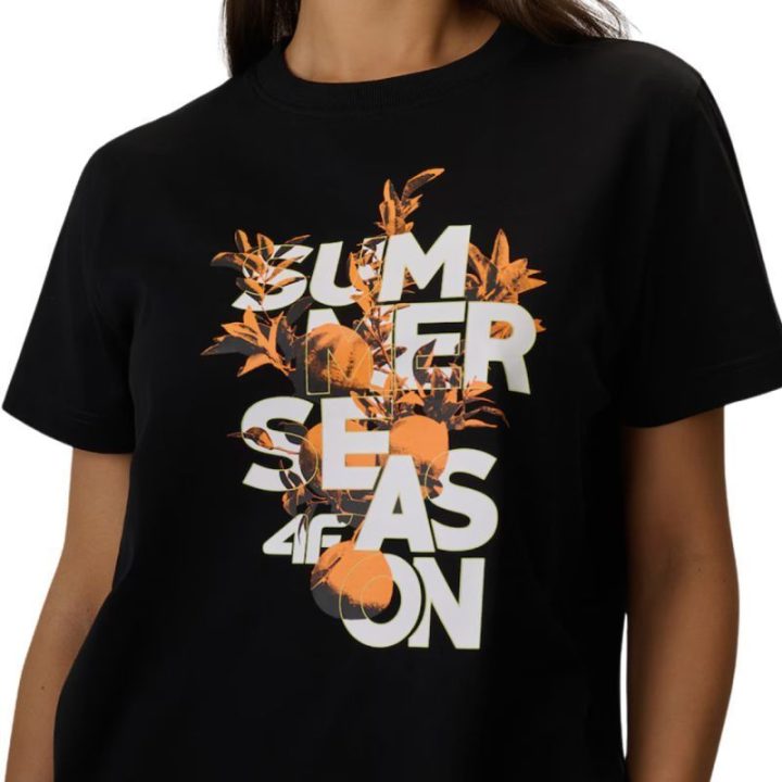 Moteriški marškinėliai su „Summer Season“ užrašu 4F, juodi
