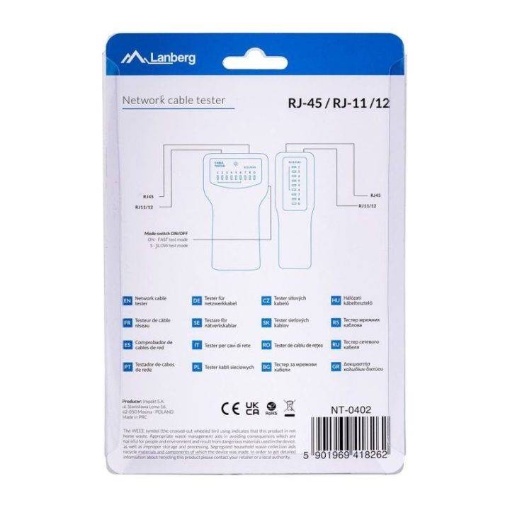 PoE kabelių testeris Lanberg NT-0402, mėlynas