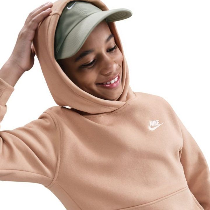 Vaikiškas medvilninis džemperis su gobtuvu Nike Sportswear Club Fleece, smėlio