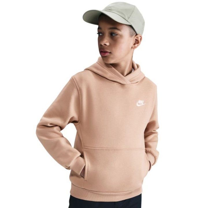 Vaikiškas medvilninis džemperis su gobtuvu Nike Sportswear Club Fleece, smėlio