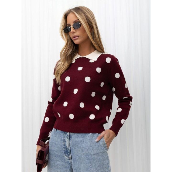 Moteriškas viskozės polo megztinis su taškeliais Italy Moda, bordo