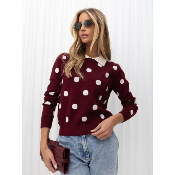 Moteriškas viskozės polo megztinis su taškeliais Italy Moda, bordo