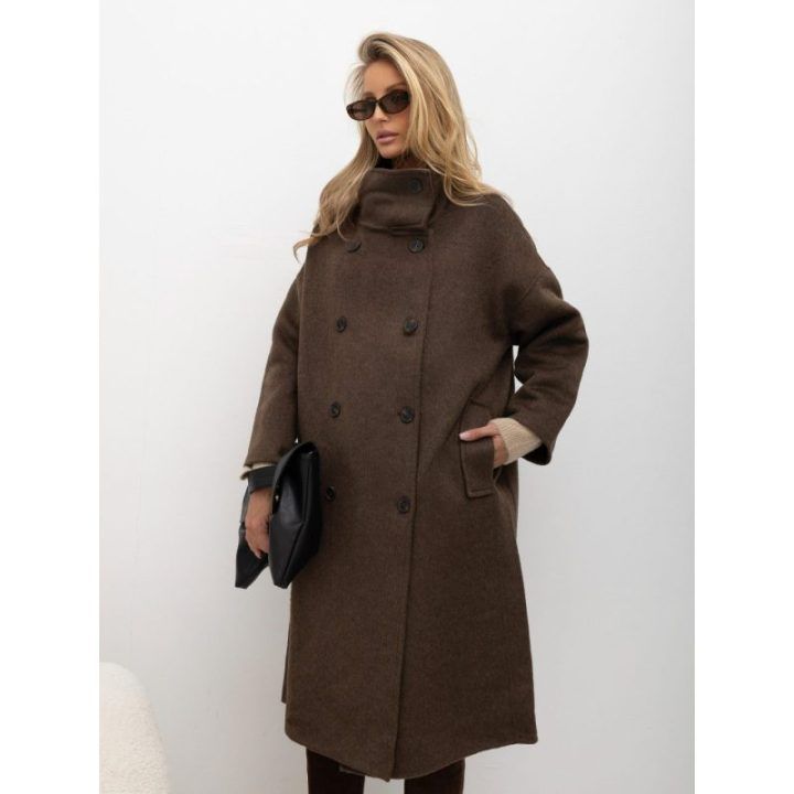 Moteriškas vilnonis laisvo kirpimo paltas Italy Moda, ruda