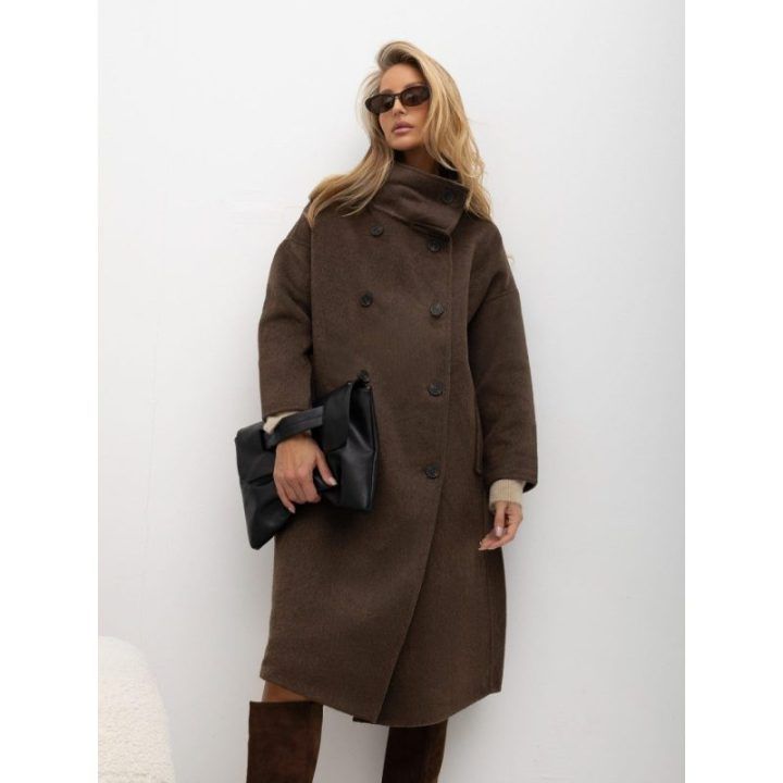 Moteriškas vilnonis laisvo kirpimo paltas Italy Moda, ruda