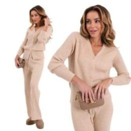 Moteriškas megztinio ir plačių kelnių komplektas Italy Moda, smėlio