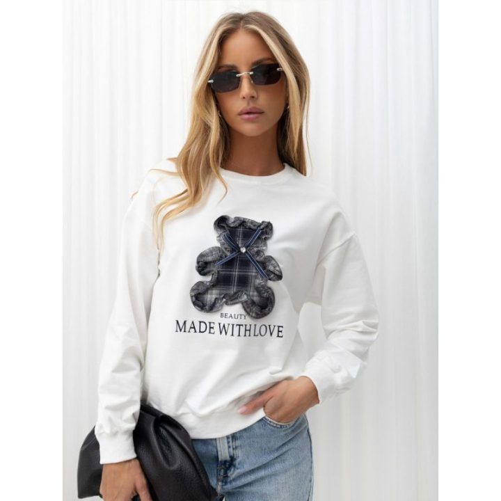 Moteriškas džemperis su meškiuku ir užrašais Italy Moda, kreminis