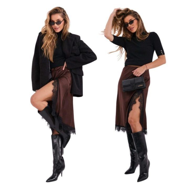Moteriškas midi sijonas su nėriniais Italy Moda, tamsiai rudas