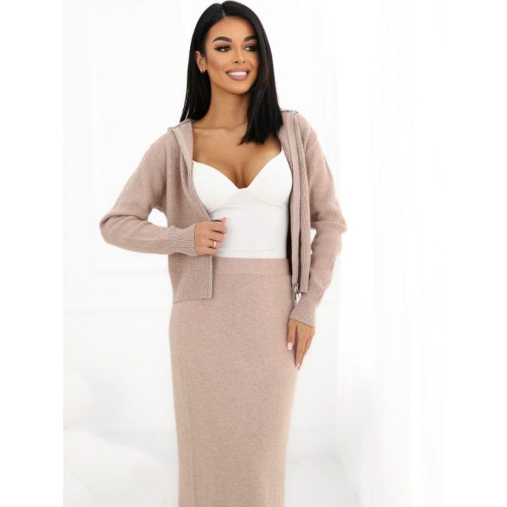 Moteriškas megztinio ir sijono komplektas Italy Moda, tamsiai smėlio